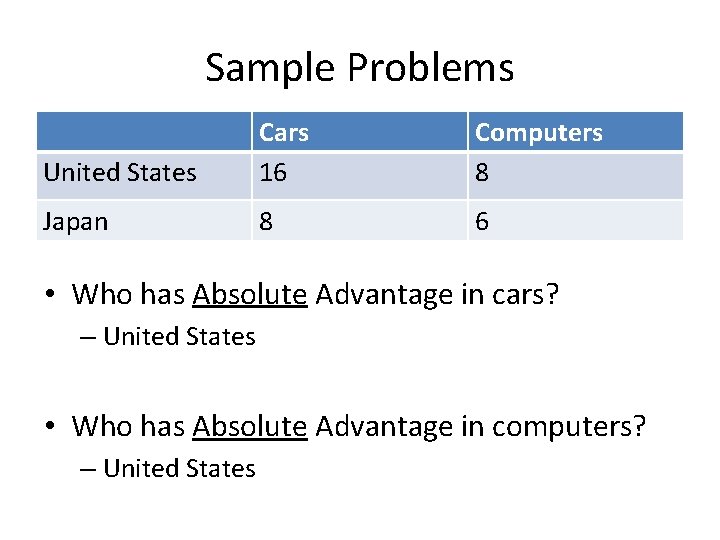 Sample Problems United States Cars 16 Computers 8 Japan 8 6 • Who has