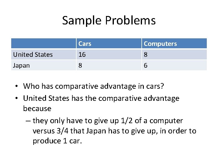 Sample Problems United States Japan Cars 16 8 Computers 8 6 • Who has