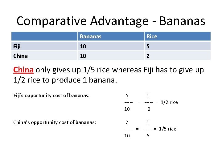 Comparative Advantage - Bananas Rice Fiji 10 5 China 10 2 China only gives