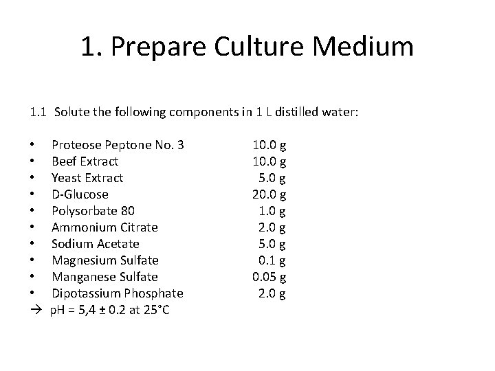 1. Prepare Culture Medium 1. 1 Solute the following components in 1 L distilled