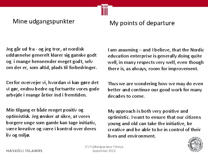 Mine udgangspunkter My points of departure Jeg går ud fra - og jeg tror,