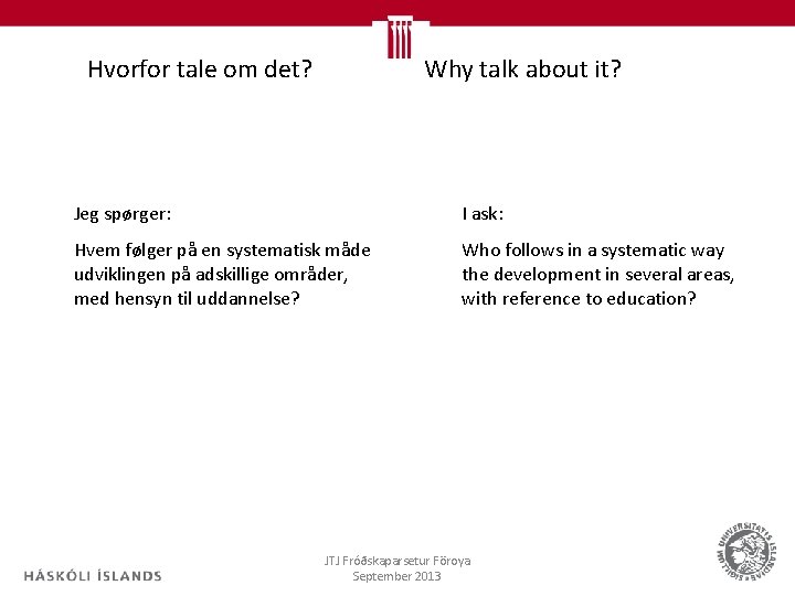 Hvorfor tale om det? Why talk about it? Jeg spørger: I ask: Hvem følger