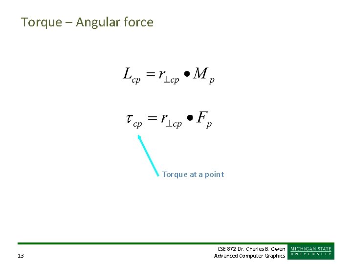 Torque – Angular force Torque at a point 13 CSE 872 Dr. Charles B.