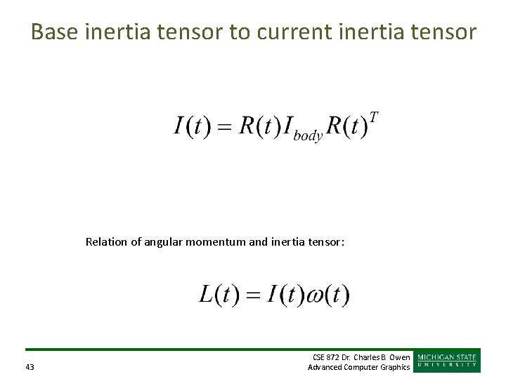 Base inertia tensor to current inertia tensor Relation of angular momentum and inertia tensor: