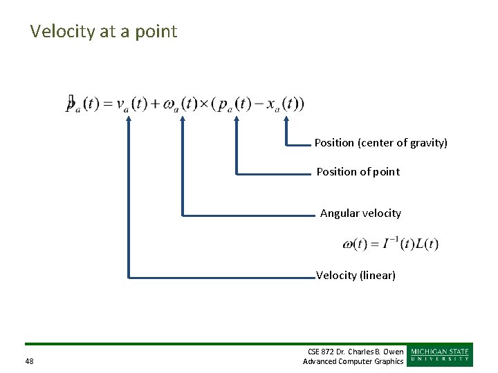 Velocity at a point Position (center of gravity) Position of point Angular velocity Velocity
