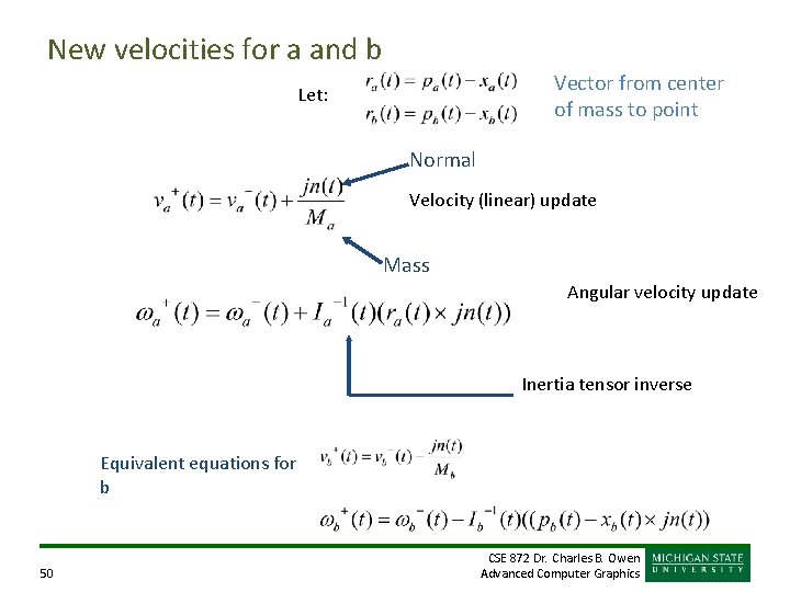 New velocities for a and b Vector from center of mass to point Let: