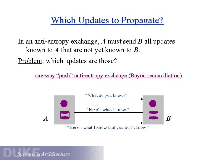 Which Updates to Propagate? In an anti-entropy exchange, A must send B all updates