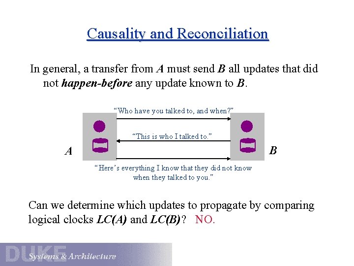 Causality and Reconciliation In general, a transfer from A must send B all updates