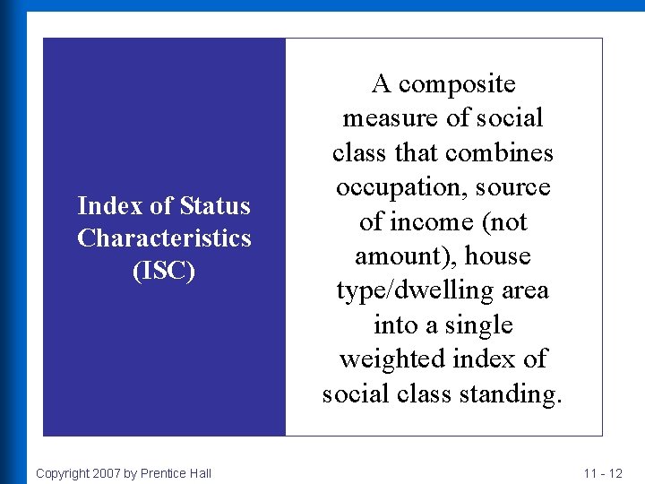 Index of Status Characteristics (ISC) Copyright 2007 by Prentice Hall A composite measure of
