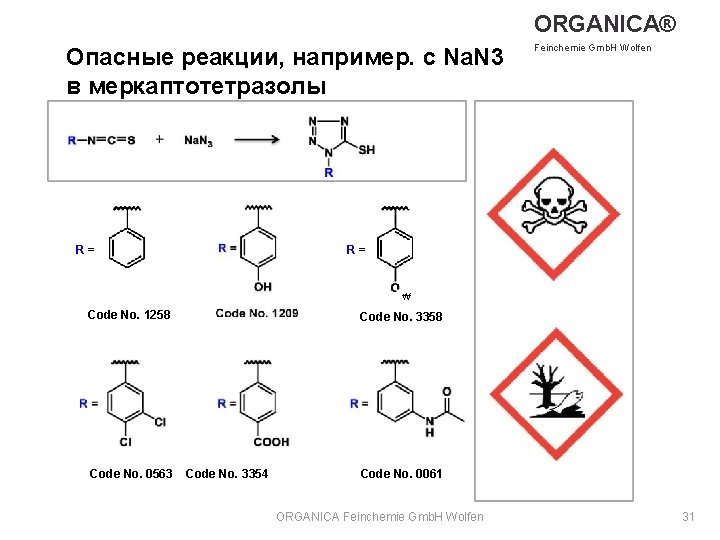 ORGANICA® Опасные реакции, например. с Na. N 3 в меркаптотетразолы R= Feinchemie Gmb. H
