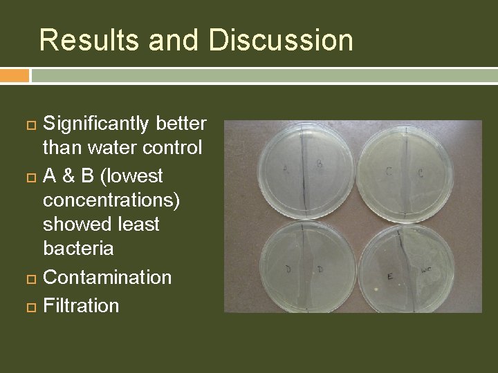 Results and Discussion Significantly better than water control A & B (lowest concentrations) showed