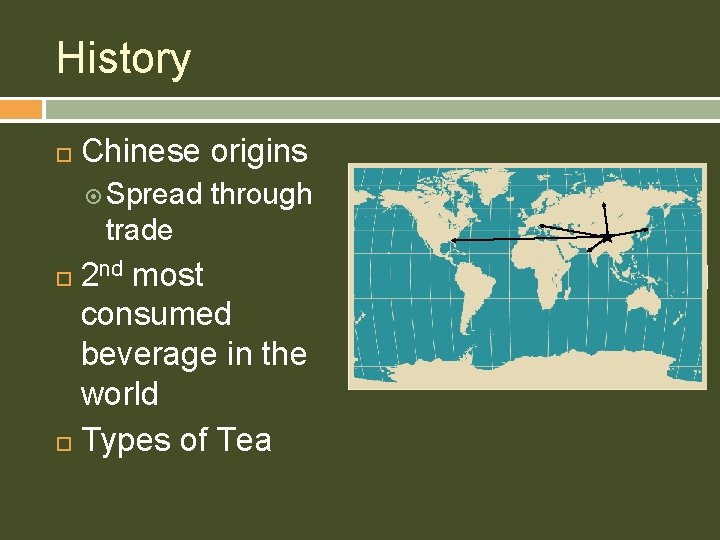 History Chinese origins Spread through trade 2 nd most consumed beverage in the world