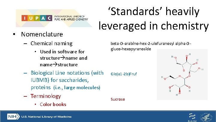  • Nomenclature ‘Standards’ heavily leveraged in chemistry – Chemical naming • Used in