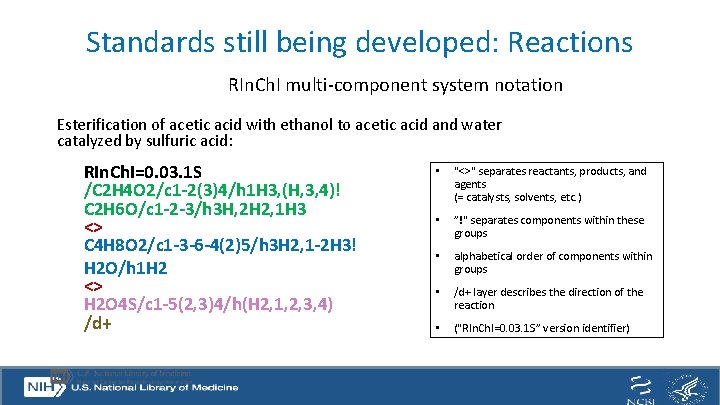 Standards still being developed: Reactions RIn. Ch. I multi-component system notation Esterification of acetic