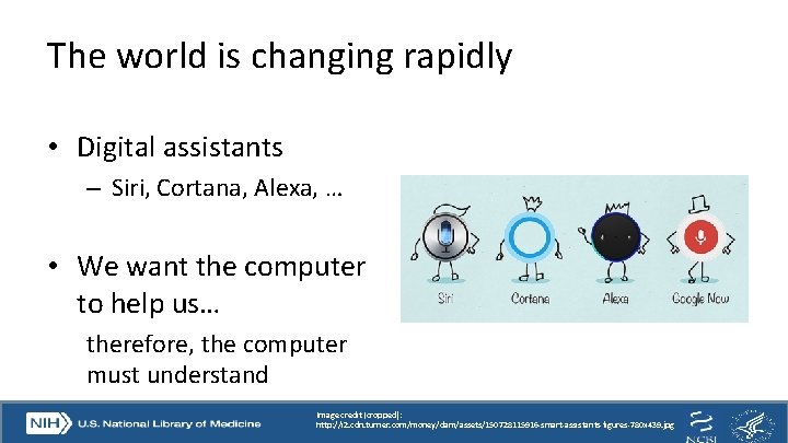 The world is changing rapidly • Digital assistants – Siri, Cortana, Alexa, … •