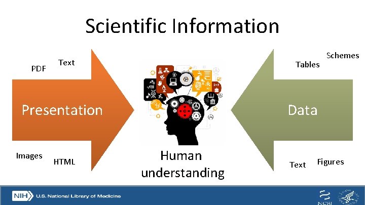 Scientific Information PDF Text Tables Presentation Images HTML Schemes Data Human understanding Text Figures