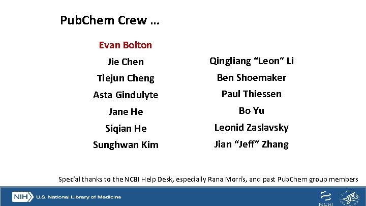 Pub. Chem Crew … Evan Bolton Jie Chen Qingliang “Leon” Li Tiejun Cheng Ben