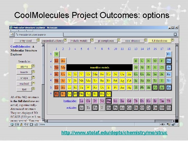 Cool. Molecules Project Outcomes: options http: //www. stolaf. edu/depts/chemistry/mo/struc 