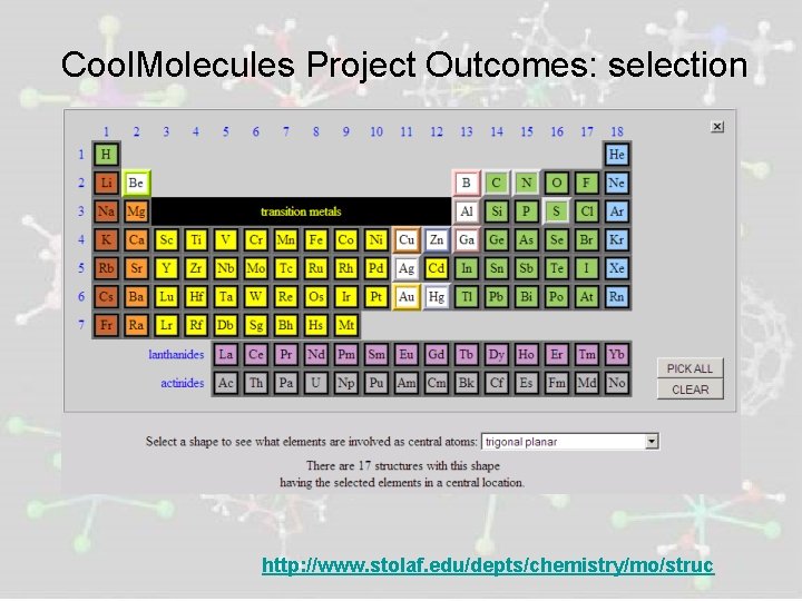 Cool. Molecules Project Outcomes: selection http: //www. stolaf. edu/depts/chemistry/mo/struc 