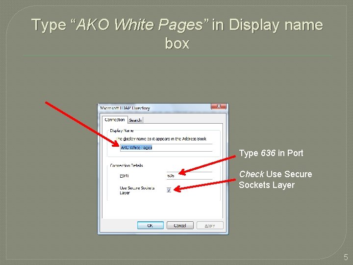 Type “AKO White Pages” in Display name box Type 636 in Port Check Use