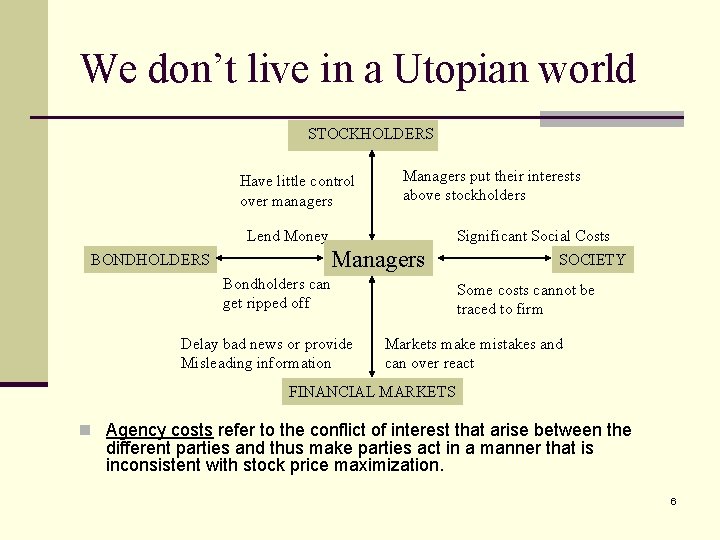 We don’t live in a Utopian world STOCKHOLDERS Have little control over managers Managers
