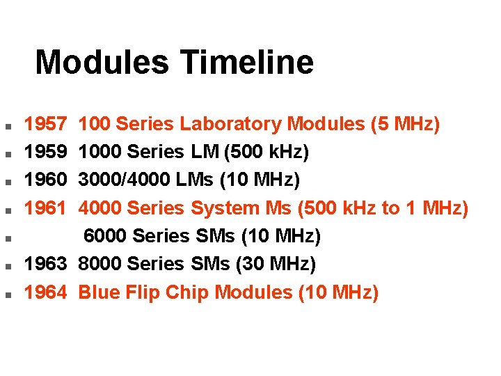 Modules Timeline n n n n 1957 1959 1960 1961 100 Series Laboratory Modules