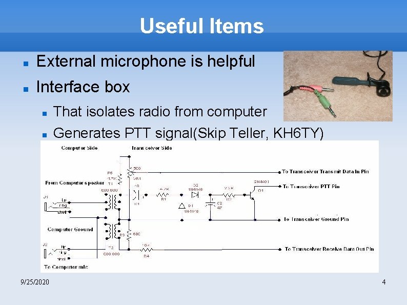 Useful Items External microphone is helpful Interface box That isolates radio from computer Generates