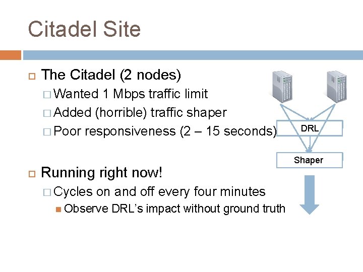 Citadel Site The Citadel (2 nodes) � Wanted 1 Mbps traffic limit � Added