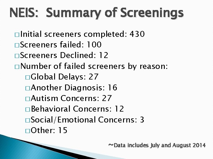 NEIS: Summary of Screenings � Initial screeners completed: 430 � Screeners failed: 100 �