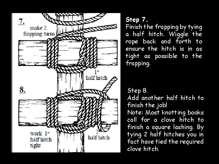 Step 7. Finish the frapping by tying a half hitch. Wiggle the rope back