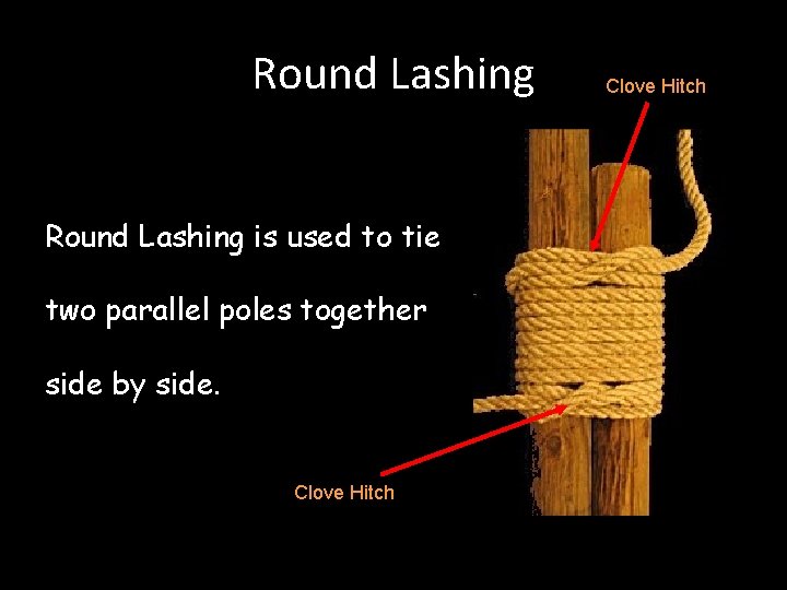 Round Lashing is used to tie two parallel poles together side by side. Clove