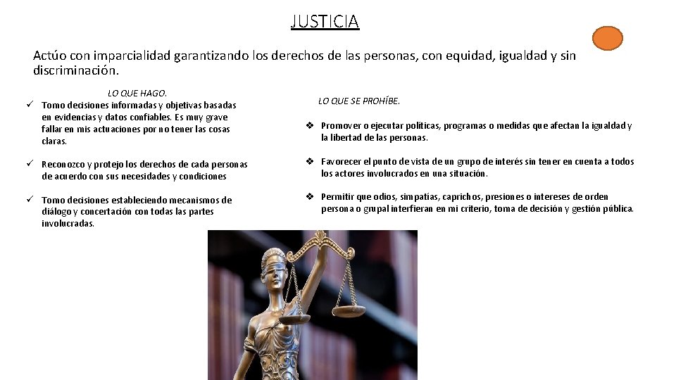 JUSTICIA Actúo con imparcialidad garantizando los derechos de las personas, con equidad, igualdad y