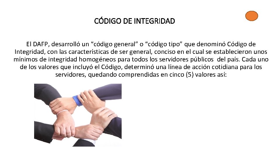 CÓDIGO DE INTEGRIDAD El DAFP, desarrolló un “código general” o “código tipo” que denominó