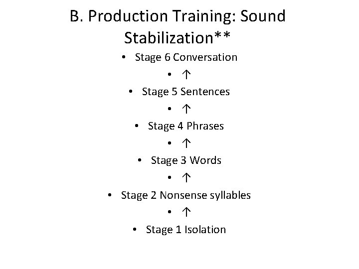 B. Production Training: Sound Stabilization** • Stage 6 Conversation • ↑ • Stage 5