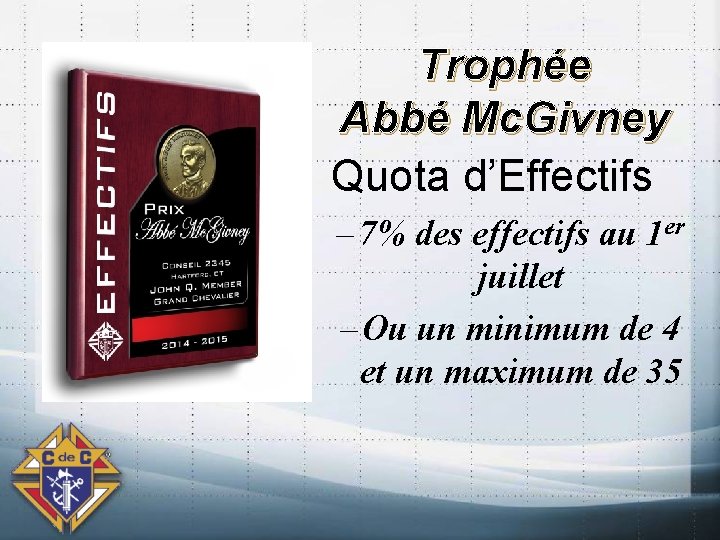 Trophée Abbé Mc. Givney Quota d’Effectifs – 7% des effectifs au 1 er juillet