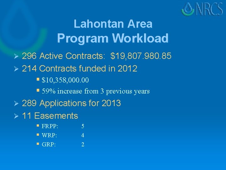 Lahontan Area Program Workload 296 Active Contracts: $19, 807. 980. 85 Ø 214 Contracts
