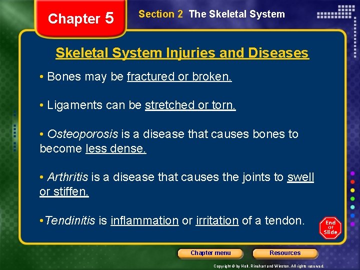 Chapter 5 Section 2 The Skeletal System Injuries and Diseases • Bones may be