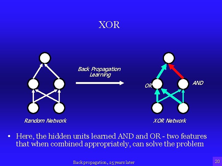 XOR Back Propagation Learning AND OR Random Network XOR Network • Here, the hidden