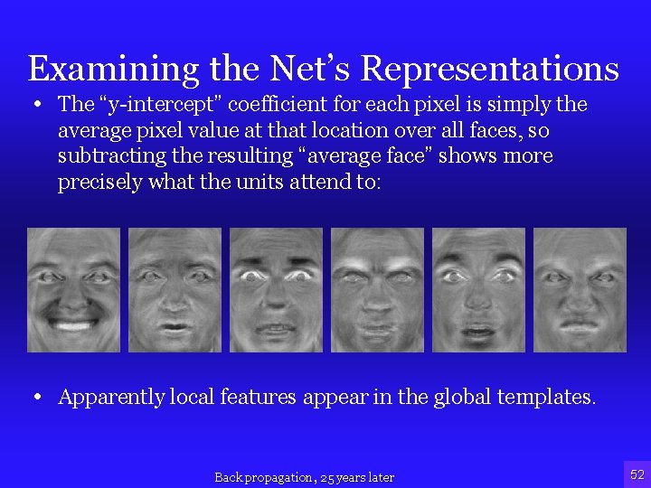 Examining the Net’s Representations • The “y-intercept” coefficient for each pixel is simply the