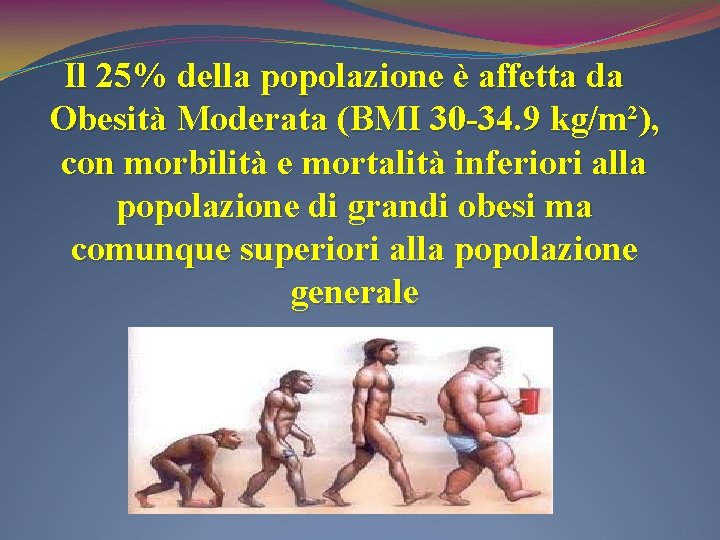 Il 25% della popolazione è affetta da Obesità Moderata (BMI 30 -34. 9 kg/m²),