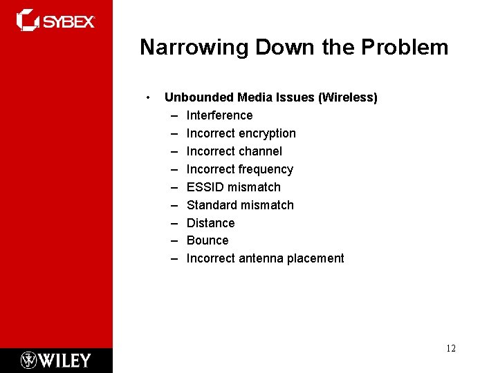 Narrowing Down the Problem • Unbounded Media Issues (Wireless) – Interference – Incorrect encryption Narrowing Down the Problem • Unbounded Media Issues (Wireless) – Interference – Incorrect encryption
