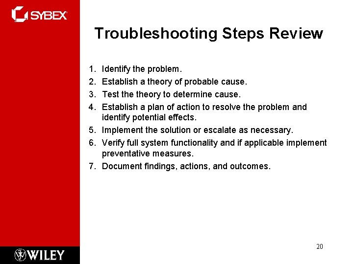 Troubleshooting Steps Review 1. 2. 3. 4. Identify the problem. Establish a theory of Troubleshooting Steps Review 1. 2. 3. 4. Identify the problem. Establish a theory of