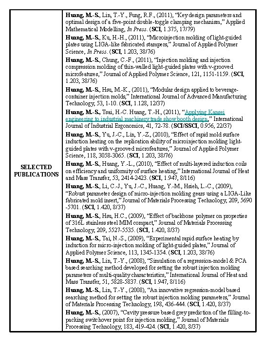 SELECTED PUBLICATIONS Huang, M. -S. , Lin, T. -Y. , Fung, R. F. ,