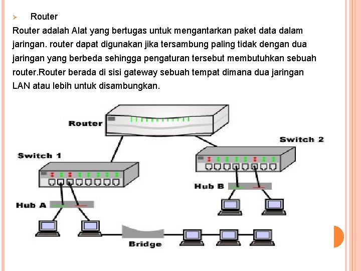 Ø Router adalah Alat yang bertugas untuk mengantarkan paket data dalam jaringan. router dapat