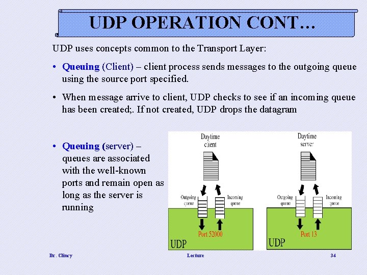 UDP OPERATION CONT… UDP uses concepts common to the Transport Layer: • Queuing (Client)