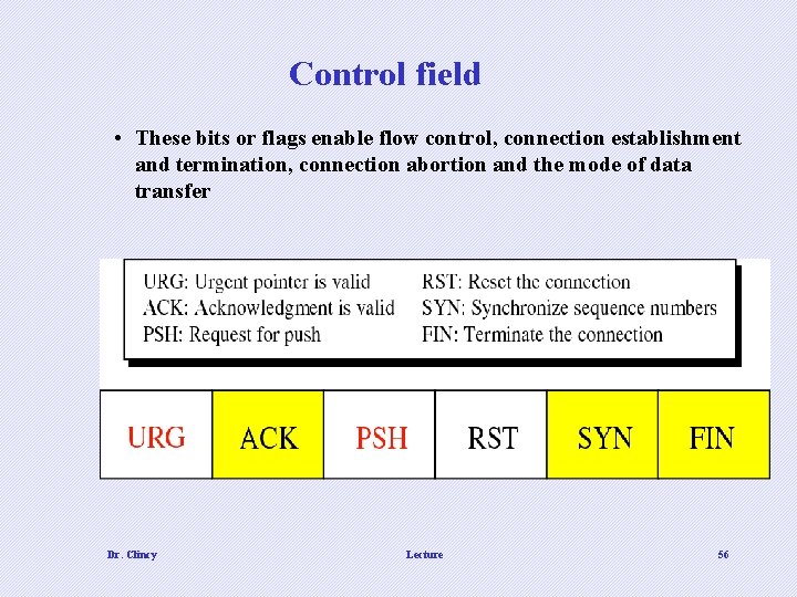 Control field • These bits or flags enable flow control, connection establishment and termination,