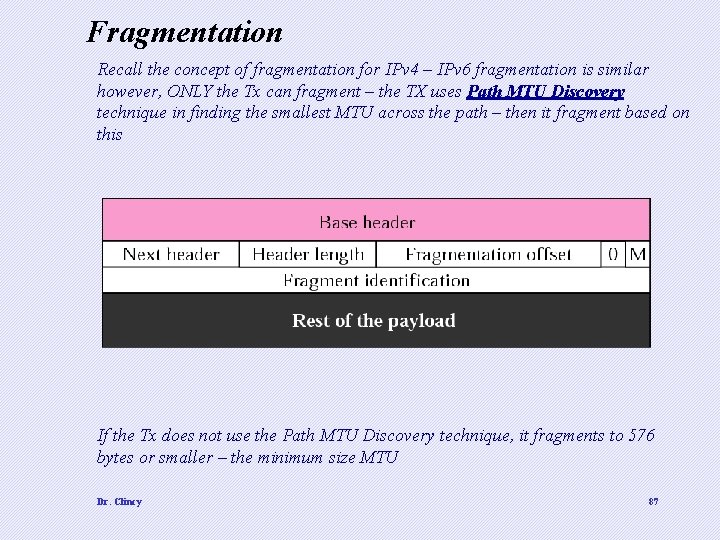 Fragmentation Recall the concept of fragmentation for IPv 4 – IPv 6 fragmentation is