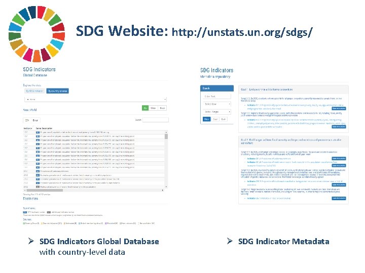 SDG Website: http: //unstats. un. org/sdgs/ Ø SDG Indicators Global Database with country-level data
