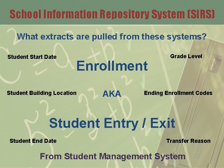 School Information Repository System (SIRS) What extracts are pulled from these systems? Student Start