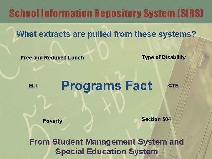 School Information Repository System (SIRS) What extracts are pulled from these systems? Free and